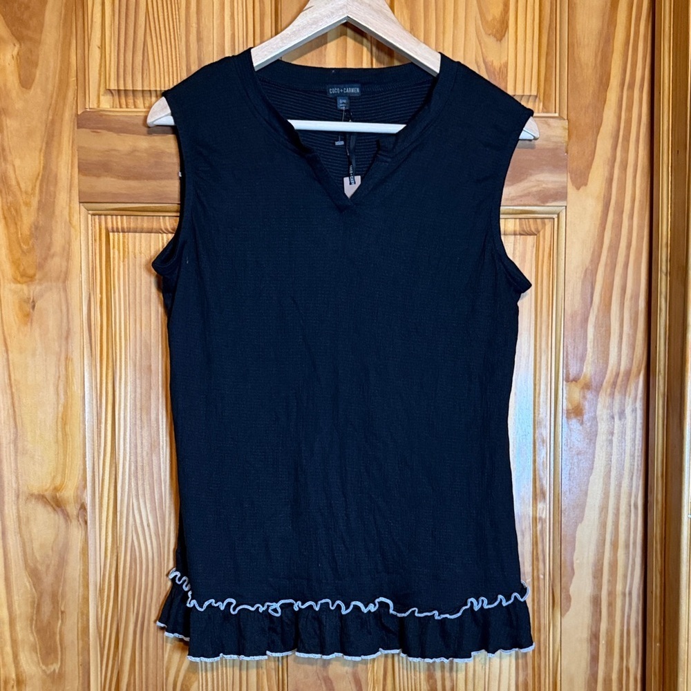 Coco and Carmen Black Tank Top with Ruffle Hem